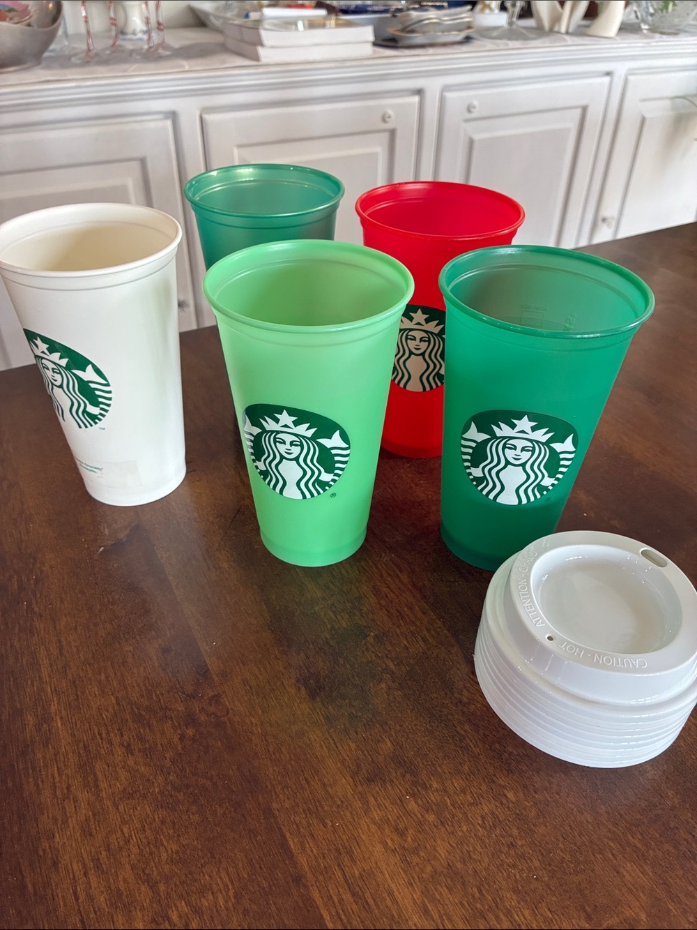 Starbucks Plastic Cups - Green, Light Green, Dark Green, Red, White set of 5